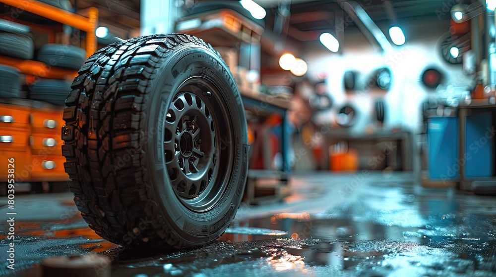 Poster a tire is sitting on a wet floor in a garage. the tire is black and has a tread pattern. the garage 