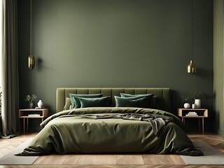  Modern rich luxury bedroom with lime olive color bed velor and khaki dark green painting wall. Minimalist interior design home or hotel. Empty mockup wall for art. wood parquet details. 3d render 