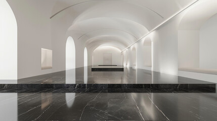 Gallery space with a dramatic contrast between a black marble floor and a pristine white ceiling.