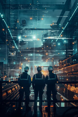 Futuristic technology concept: Team of engineers and professional Workers in heavy industry manufacturing factory that is digitalized with graphics into digital twin of industry