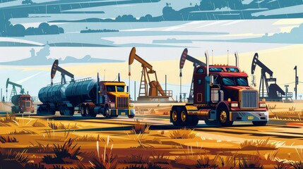 Trucks and oil pumps against a setting sun in an industrial landscape