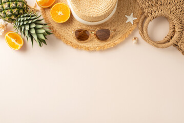 Summer allure showcased: top view of straw hat, sunglasses, exotic fruits, woven bag, shells, and...