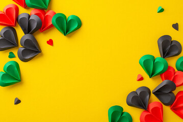 Vibrant yellow backdrop adorned with multicolored paper hearts in red, green, and black. Juneteenth...
