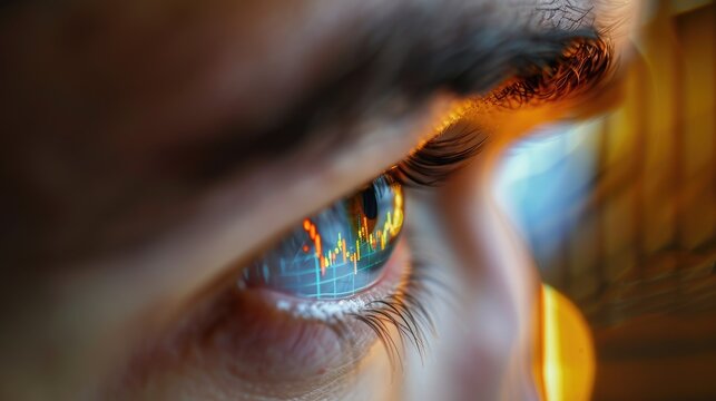 Close up of businesswoman eye with financial graph reflecting in eye. Attractive woman looking financial and marketing data with stock market chart or increasing sales graph reflect in the eye. AIG42.