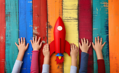 Skybound Triumph: Children Launching Wooden Rocket