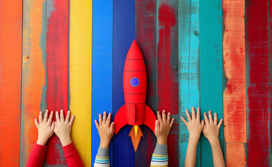 Skybound Triumph: Children Launching Wooden Rocket