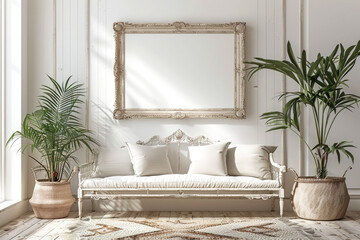 Ornate frame with beige matting on a white wall, with a white bench and plants