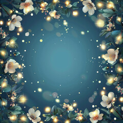 Beautiful fairy lights pattern with flowers around the frame with blank center for background