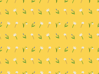 Seamless flower pattern (among them: Muscari and Galanthus (Snowdrop flower)). Straight linear structure. Isolated on orange background (backdrop).  Plants and flowers. Vector illustration.