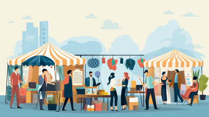 Digital marketplace with diverse vendors selling unique goods.