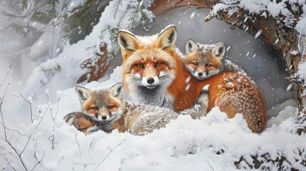 Obraz premium An enchanting scene of a fox and her cubs snuggled in a snowy den, their vibrant coats contrasting against the pristine white snow, symbolizing warmth in the heart of winter.