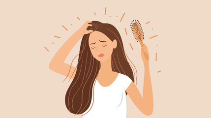 Stressed young woman with hair loss problem holding backgroun