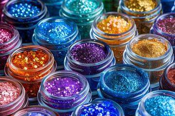 A collection of colorful jars filled with glitter