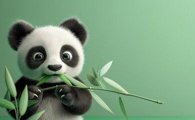 Green Serenity: A Baby Panda's Peaceful Moment with Bamboo on a Mint Background
