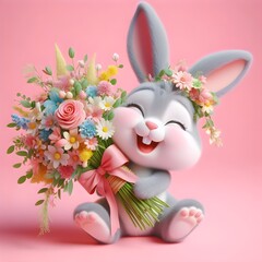 Cheerful cartoon rabbit with a large bouquet of flowers.
