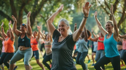 An energetic group fitness class in a park, with participants of all ages and backgrounds engaging in high-spirited exercises, embodying community and physical vitality.