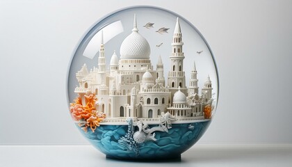 Water world in Glass sphere, white background, beautiful nature, Silhouette of city