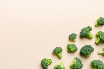 Top view fresh green broccoli vegetable on Colored background. Broccoli cabbage head Healthy or...