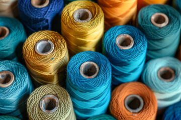 A bunch of colorful yarns are piled up, with some being blue, yellow, and orange