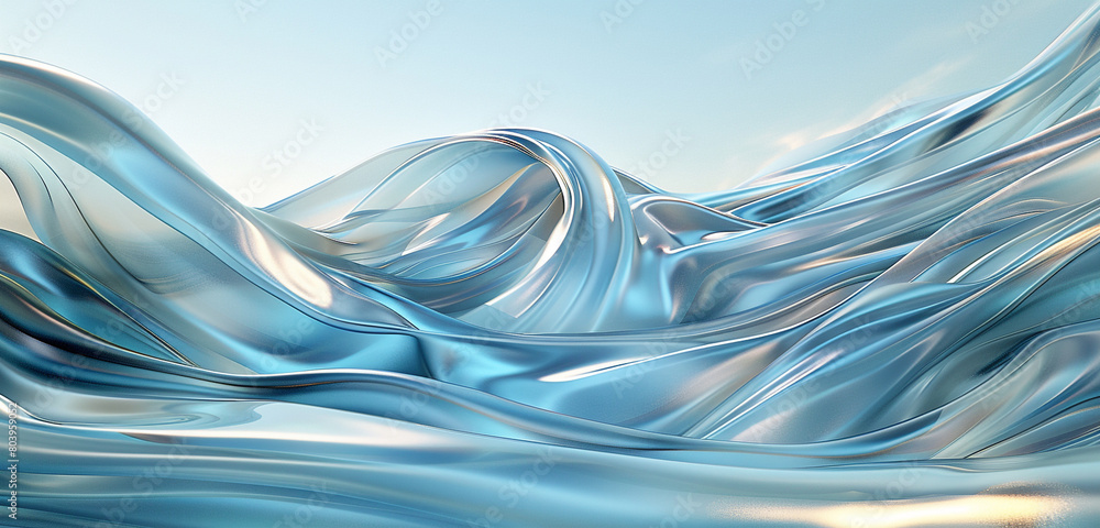 Poster 3d background with undulating waves in sky blue and soft silver.
