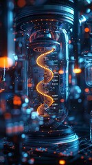 Capture a mesmerizing worms-eye view of a futuristic biotech laboratory