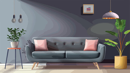 Stylish grey sofa in modern interior of living room Vector
