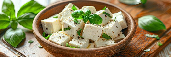 A bowl of white cheese with green herbs on top