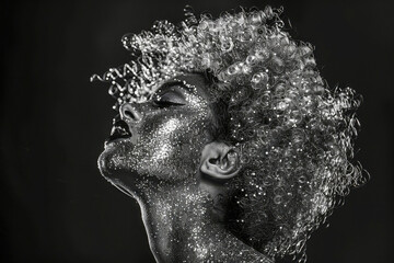 Dynamic Black and White Portrait of Woman with Glitter and Spiraling Bubbles
