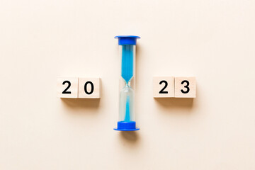 New Year 2023 sand timer. Resolution, time, plan, goal, motivation, reboot, countdown and New Year...