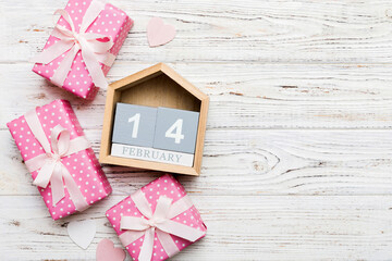Valentine Day theme with wooden block calendar. Greeting card template for Valentines Day copy space for text