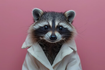 Stylish Raccoon in a White Coat Against a Pink Background