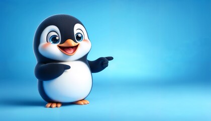 Smiling Cartoon Penguin Pointing to the Side on a Blue Background
