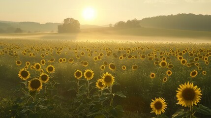 Fototapeta premium Stunning sunflowers field at sunset with gentle light fog spreading across the vast landscape