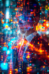 Futuristic Businessman with Digital Augmented Reality Interface in Neon Lights