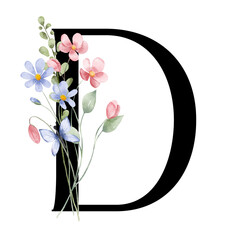 Letter D, floral monogram with watercolor wild flowers and leaf. Letterhead, initial perfectly for wedding invitation, greeting card, logo, poster and other design. Holiday design hand painting.
