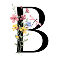 Letter B, floral monogram with watercolor wild flowers and leaf. Letterhead, initial perfectly for wedding invitation, greeting card, logo, poster and other design. Holiday design hand painting.