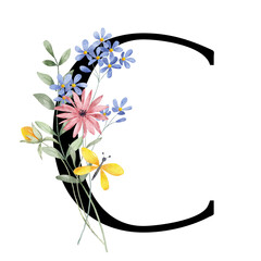 Letter C, floral monogram with watercolor wild flowers and leaf. Letterhead, initial perfectly for wedding invitation, greeting card, logo, poster and other design. Holiday design hand painting.