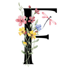 Letter F, floral monogram with watercolor wild flowers and leaf. Letterhead, initial perfectly for wedding invitation, greeting card, logo, poster and other design. Holiday design hand painting.