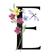 Letter E, floral monogram with watercolor wild flowers and leaf. Letterhead, initial perfectly for wedding invitation, greeting card, logo, poster and other design. Holiday design hand painting.