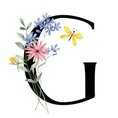 Letter G, floral monogram with watercolor wild flowers and leaf. Letterhead, initial perfectly for wedding invitation, greeting card, logo, poster and other design. Holiday design hand painting.