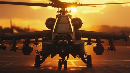 An up-close perspective of the Apache's front, the setting sun glinting off its angular surfaces...