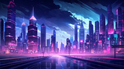 Neon night city crossing with a view of towering skyscrapers and illuminated streets