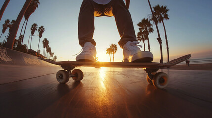 skateboarder in action at sunset