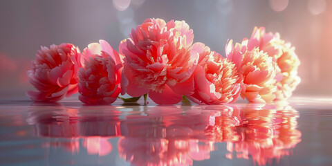 A close up of five pink flowers floating on the surface of a body of water - Powered by Adobe