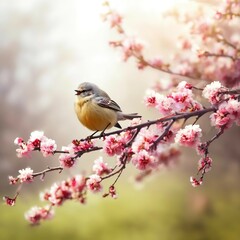 Fototapeta premium bird sing on the branches of a tree with spring flowers. sunlight.
