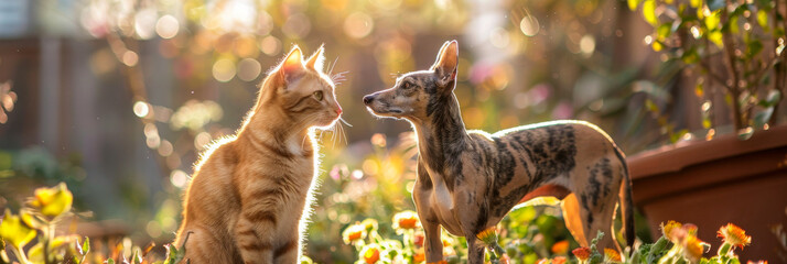 Playful Interaction Between Cat and Dog in Sunny Garden