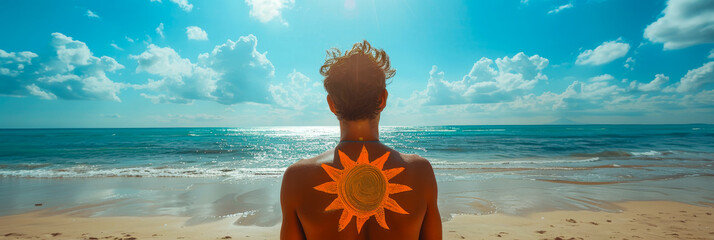 Man Relaxing on Sunny Beach with Sunflower Tattoo