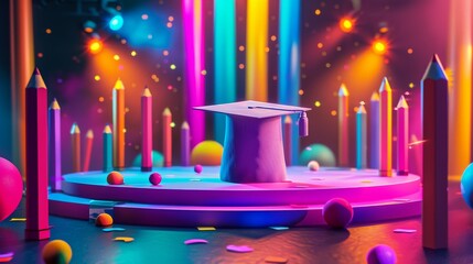 Colorful Graduation Cap and Pencils in Vibrant Party Atmosphere