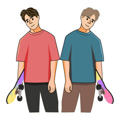 Obraz premium Vector illustration of two young men with skateboards on a white background