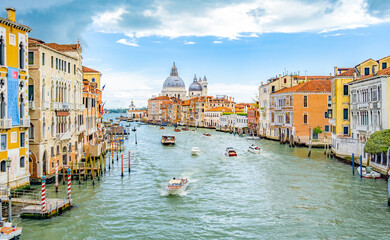 Grand Canal at day in Venice city in italy.  Grand Canal and Basilica Santa Maria della Salute in Venice